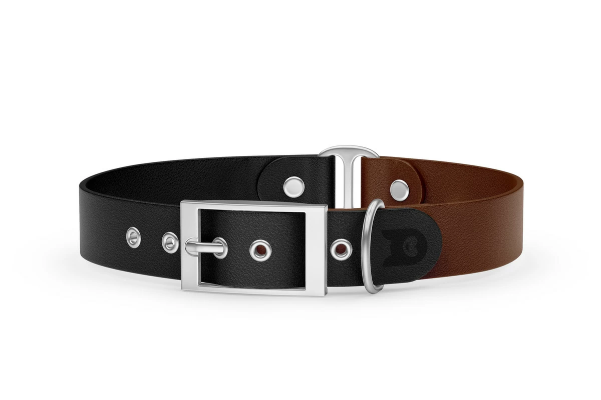 Duo-Halsband für Hunde: Schwarz & Dunkelbraun mit Silber-Komponenten