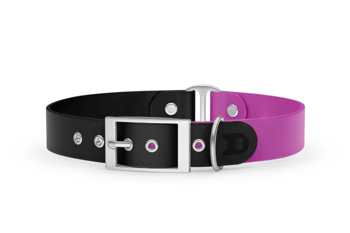Duo-Halsband für Hunde: Schwarz & Hellviolett mit Silber-Komponenten