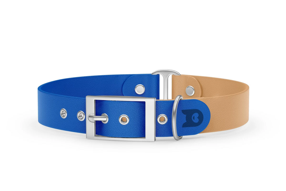Duo-Halsband für Hunde: Blau & Hellbraun mit Silber-Komponenten