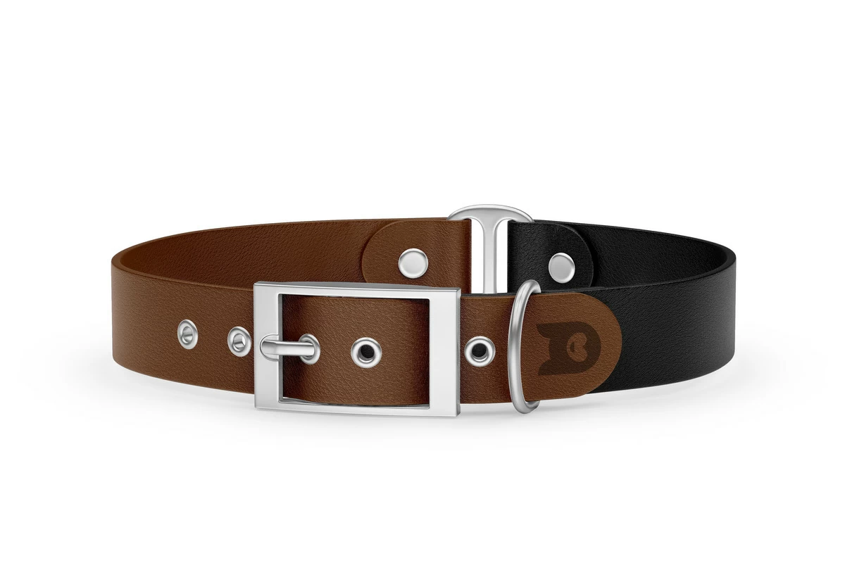 Duo-Halsband für Hunde: Dunkelbraun & Schwarz mit Silber-Komponenten