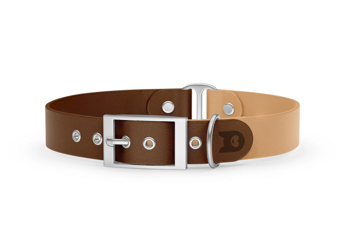 Duo-Halsband für Hunde: Dunkelbraun & Hellbraun mit Silber-Komponenten