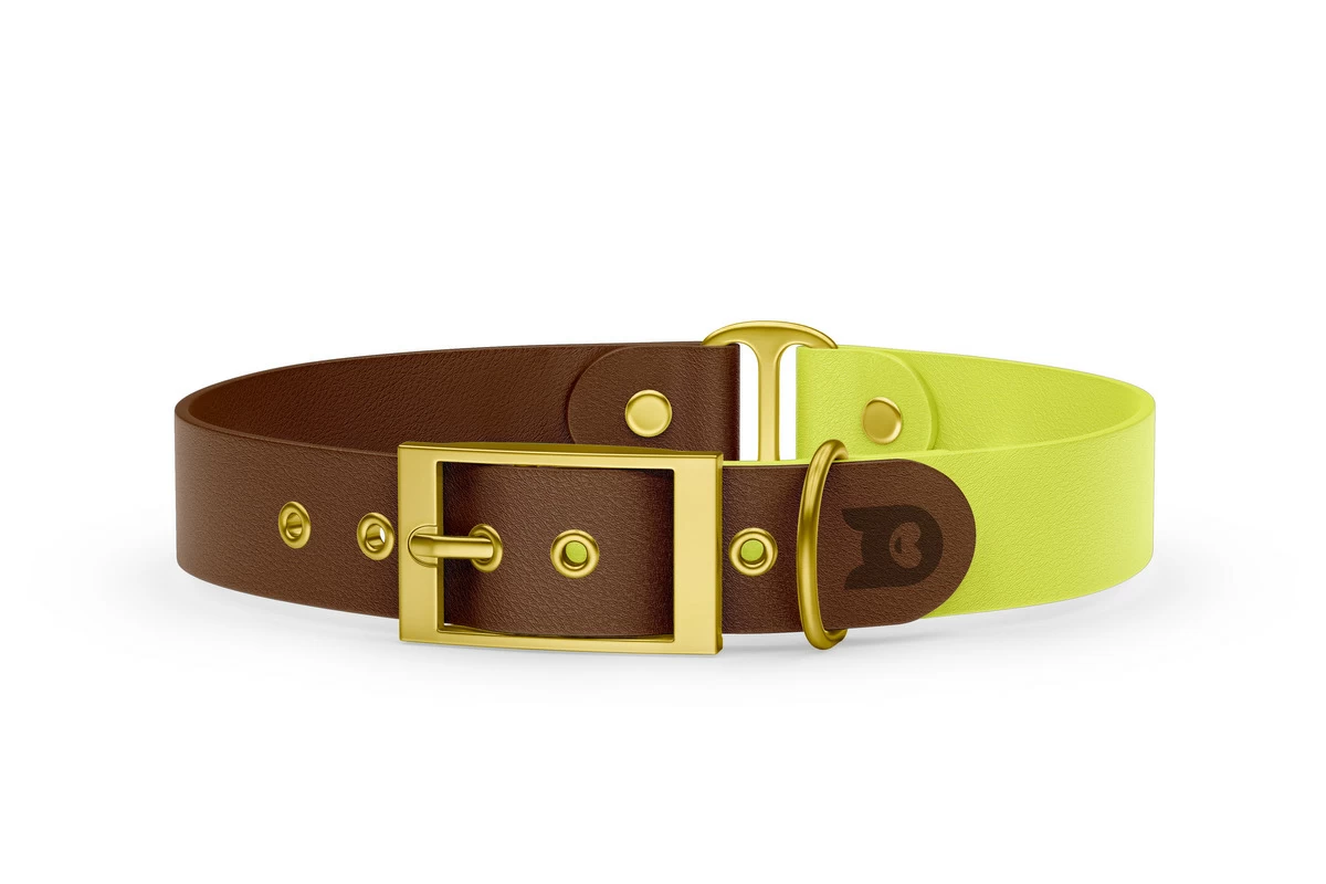 Duo-Halsband für Hunde: Dunkelbraun & Neongelb mit Gold-Komponenten