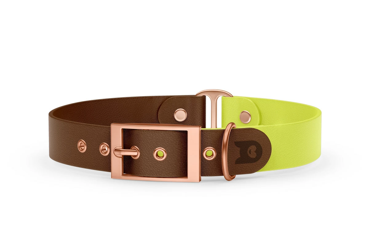 Duo-Halsband für Hunde: Dunkelbraun & Neongelb mit Rosegold-Komponenten