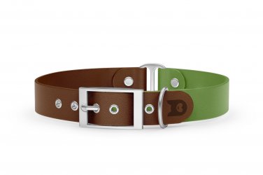 Duo-Halsband für Hunde: Dunkelbraun & Oliv mit Silber-Komponenten