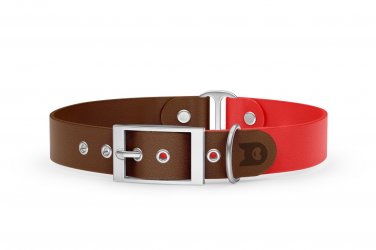 Duo-Halsband für Hunde: Dunkelbraun & Rot mit Silber-Komponenten