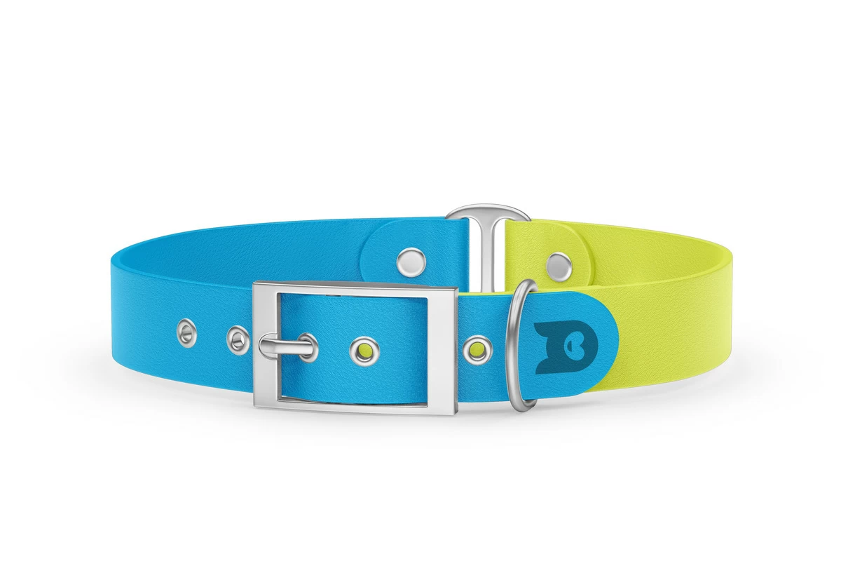Duo-Halsband für Hunde: Hellblau & Neongelb mit Silber-Komponenten
