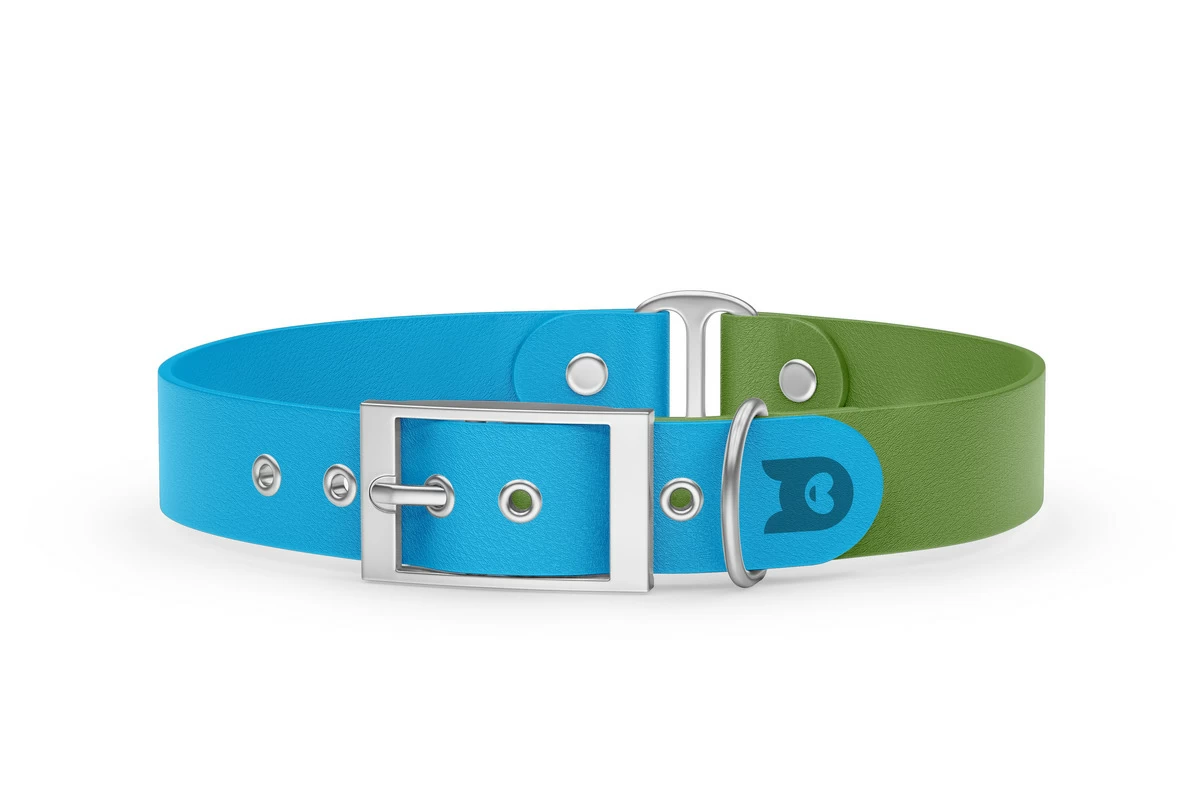Duo-Halsband für Hunde: Hellblau & Oliv mit Silber-Komponenten