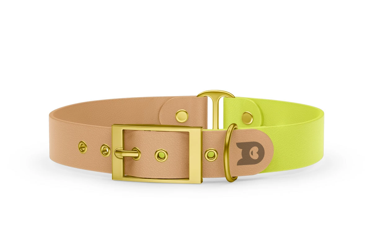 Duo-Halsband für Hunde: Hellbraun & Neongelb mit Gold-Komponenten
