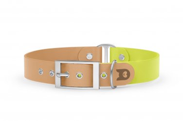 Duo-Halsband für Hunde: Hellbraun & Neongelb mit Silber-Komponenten