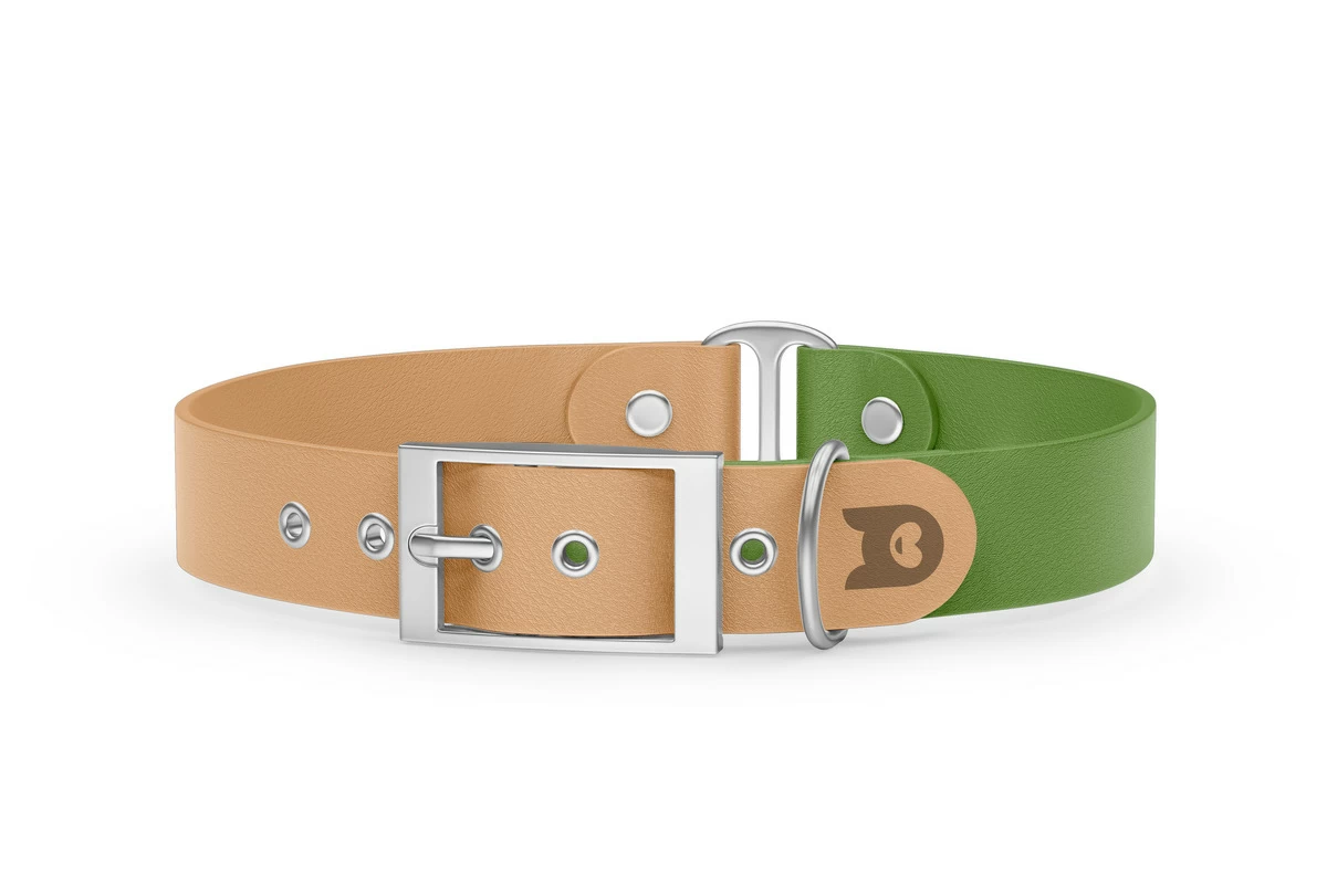 Duo-Halsband für Hunde: Hellbraun & Oliv mit Silber-Komponenten