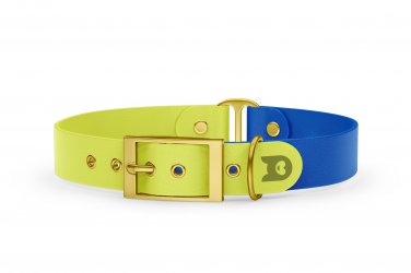 Duo-Halsband für Hunde: Neongelb & Blau mit Gold-Komponenten