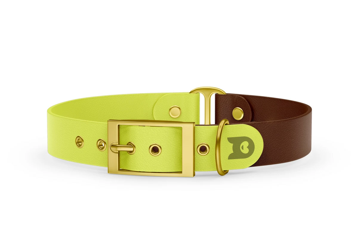 Duo-Halsband für Hunde: Neongelb & Dunkelbraun mit Gold-Komponenten