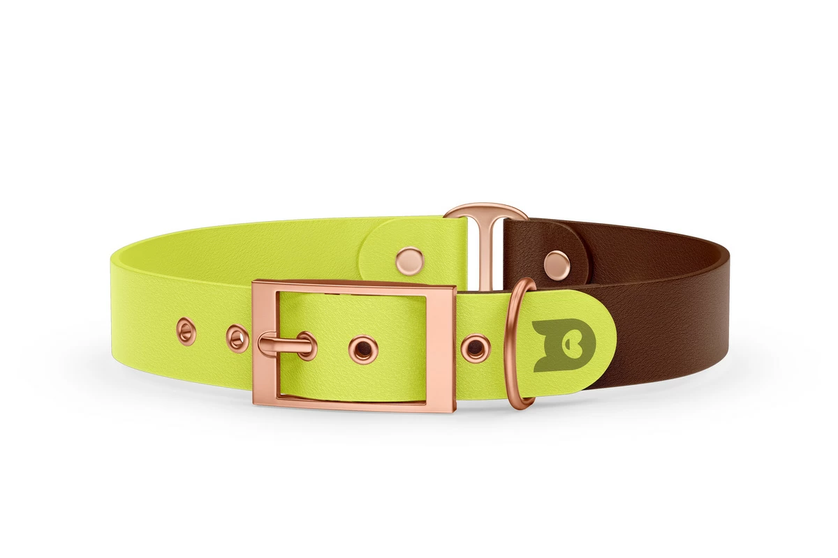 Duo-Halsband für Hunde: Neongelb & Dunkelbraun mit Rosegold-Komponenten