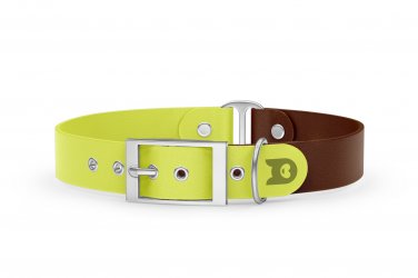 Duo-Halsband für Hunde: Neongelb & Dunkelbraun mit Silber-Komponenten