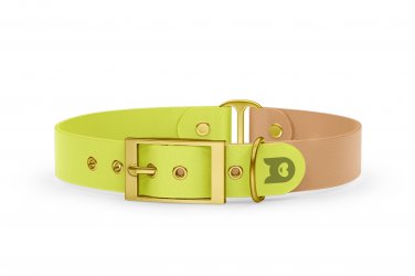 Duo-Halsband für Hunde: Neongelb & Hellbraun mit Gold-Komponenten