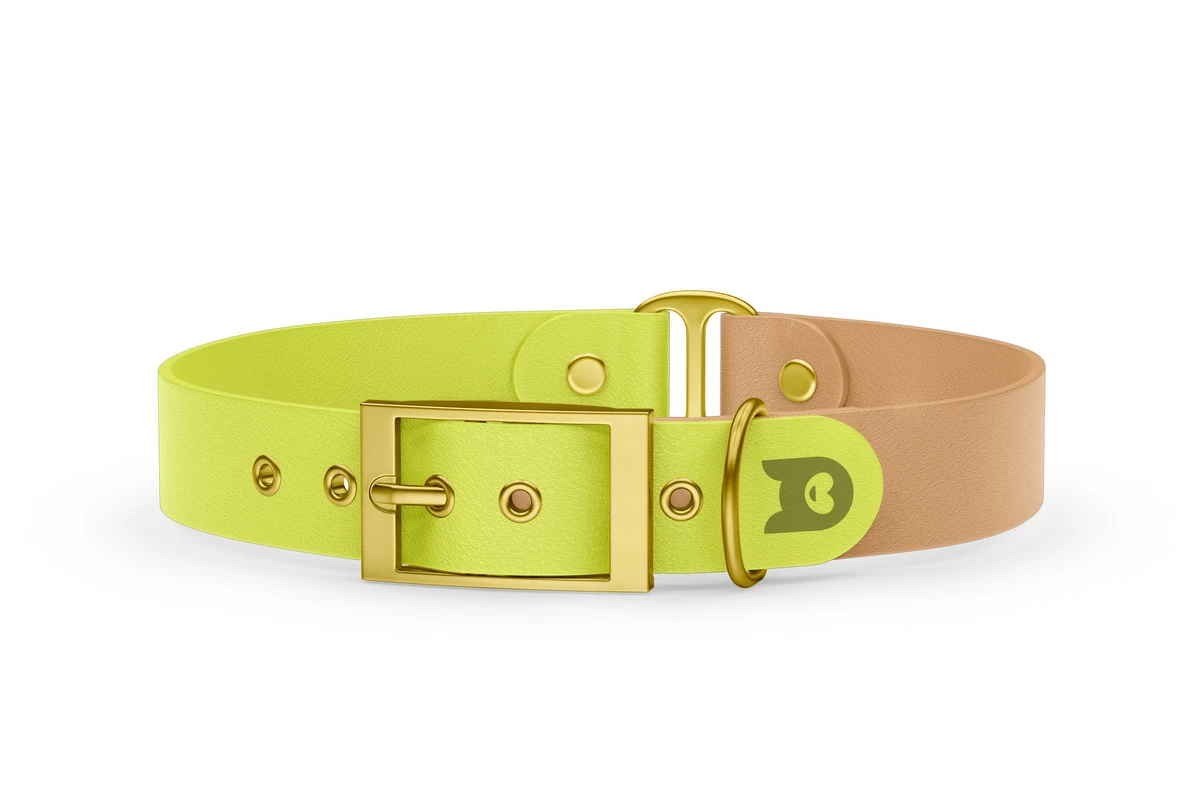 Duo-Halsband für Hunde: Neongelb & Hellbraun mit Gold-Komponenten