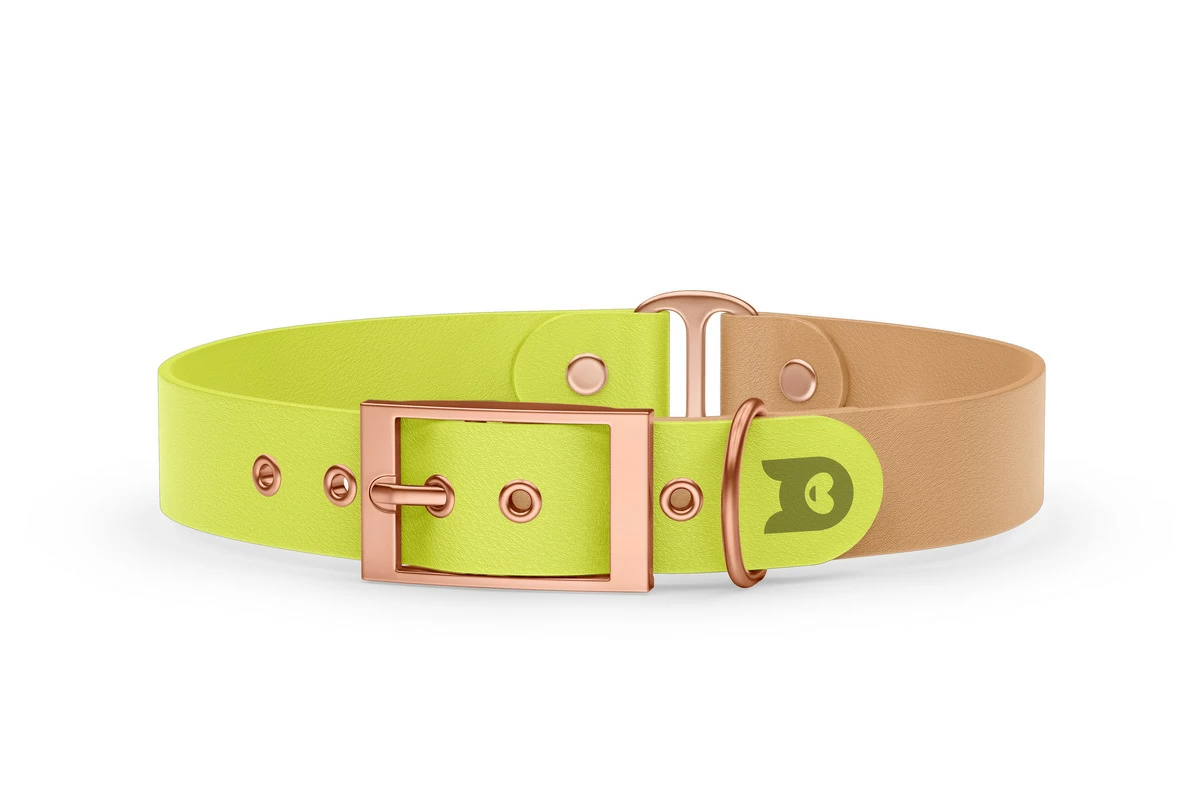 Duo-Halsband für Hunde: Neongelb & Hellbraun mit Rosegold-Komponenten