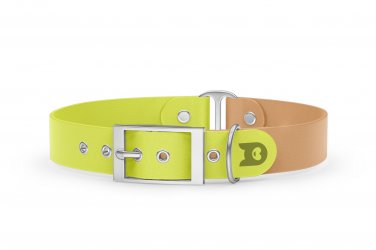 Duo-Halsband für Hunde: Neongelb & Hellbraun mit Silber-Komponenten