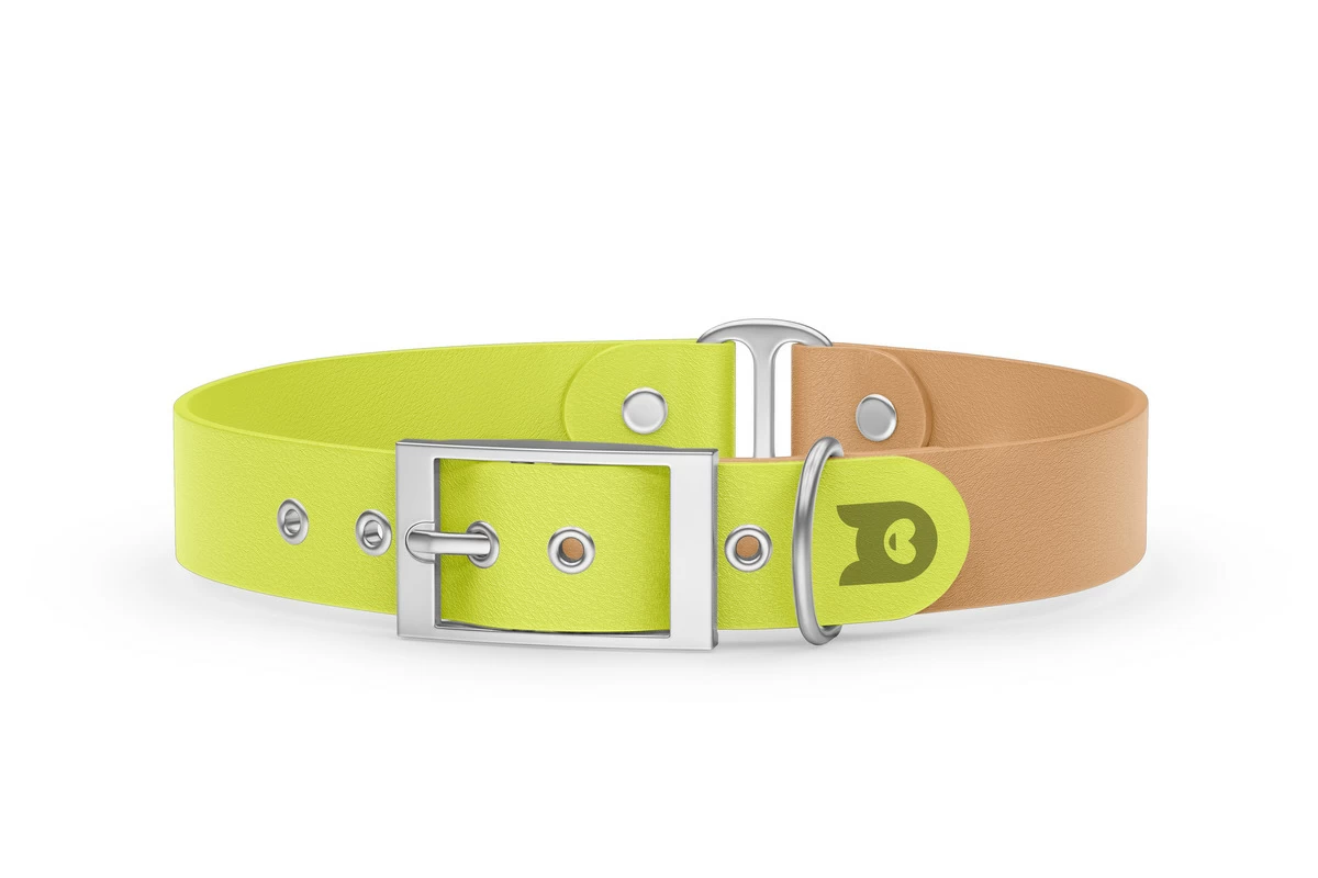 Duo-Halsband für Hunde: Neongelb & Hellbraun mit Silber-Komponenten