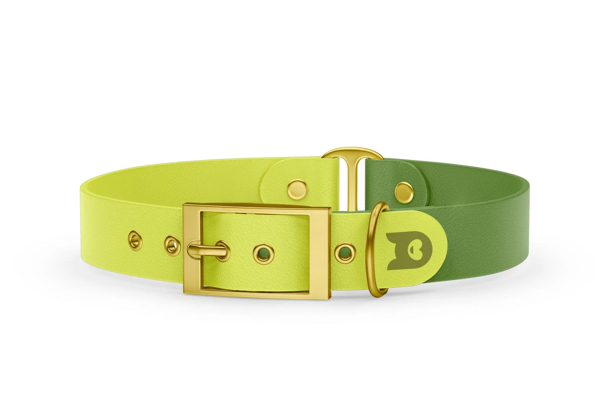 Duo-Halsband für Hunde: Neongelb & Oliv mit Gold-Komponenten