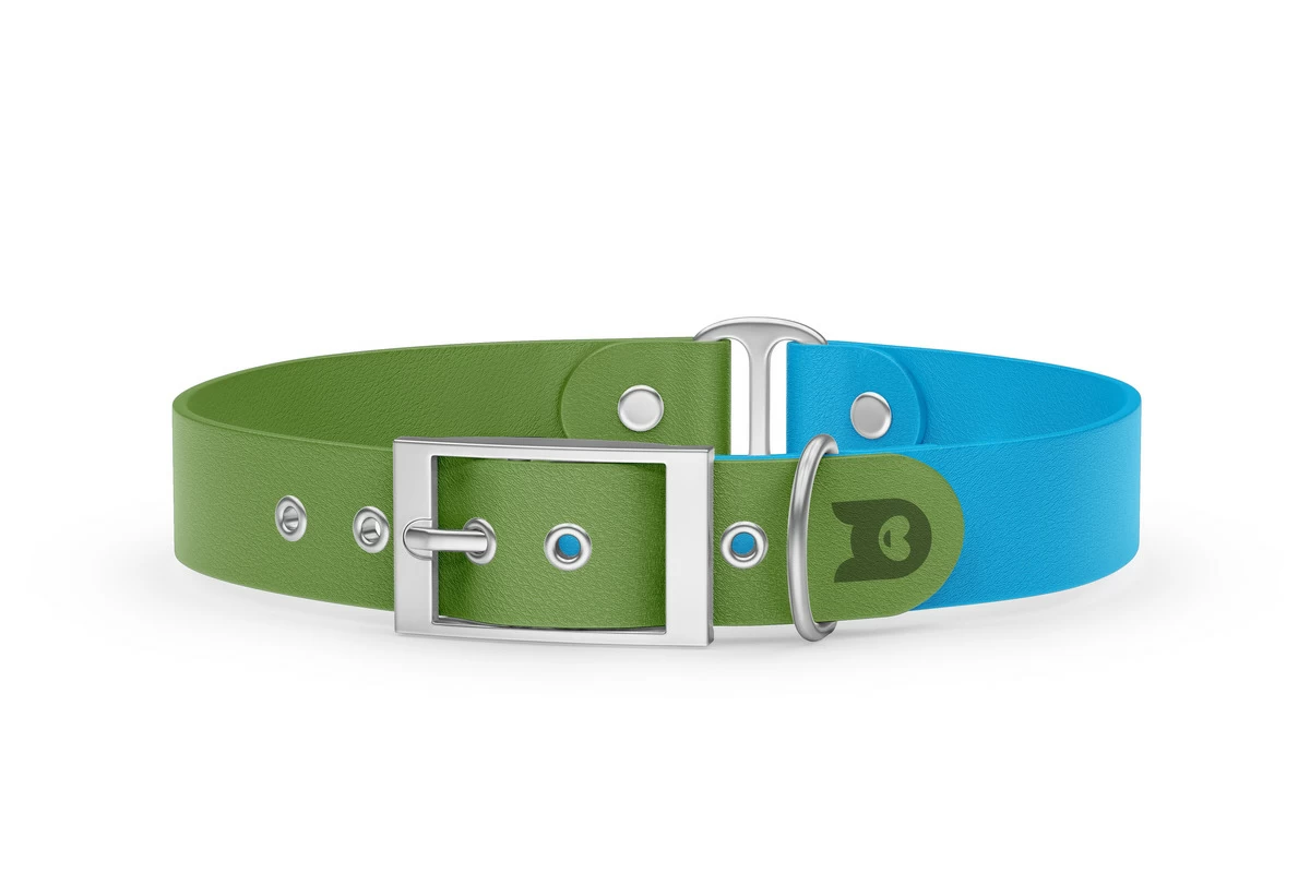 Duo-Halsband für Hunde: Oliv & Hellblau mit Silber-Komponenten