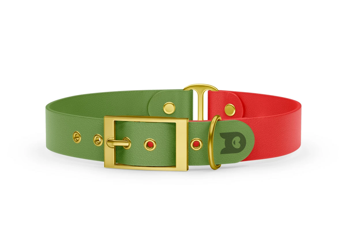 Duo-Halsband für Hunde: Oliv & Rot mit Gold-Komponenten