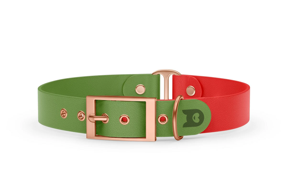 Duo-Halsband für Hunde: Oliv & Rot mit Rosegold-Komponenten