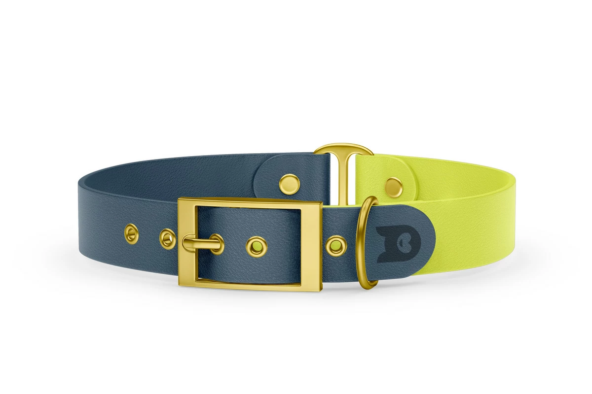 Duo-Halsband für Hunde: Petrol & Neongelb mit Gold-Komponenten