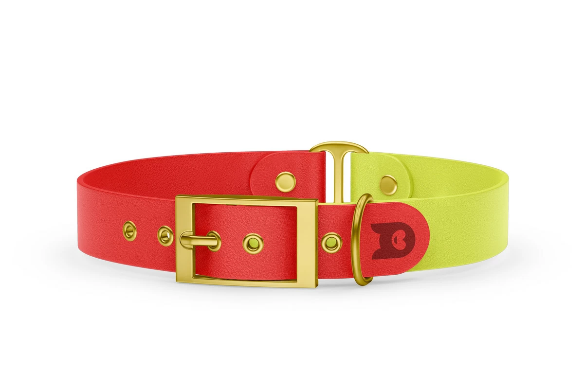 Duo-Halsband für Hunde: Rot & Neongelb mit Gold-Komponenten