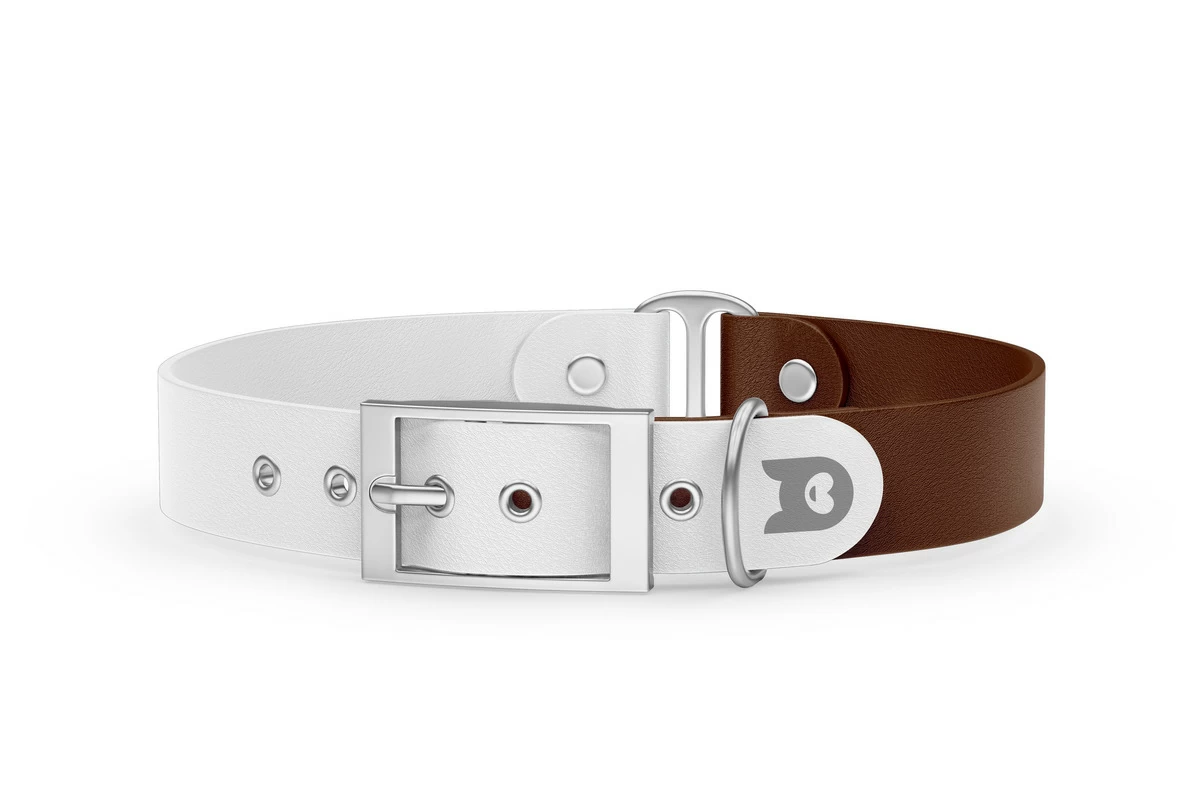 Duo-Halsband für Hunde: Weiß & Dunkelbraun mit Silber-Komponenten