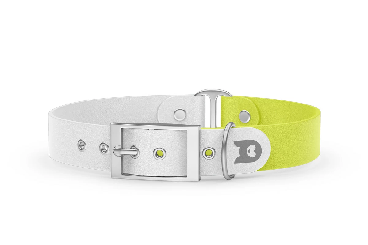 Duo-Halsband für Hunde: Weiß & Neongelb mit Silber-Komponenten