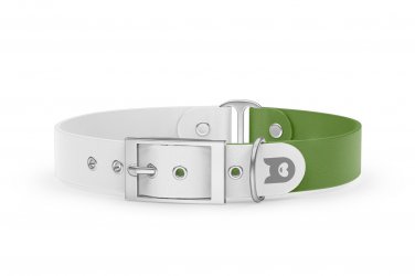 Duo-Halsband für Hunde: Weiß & Oliv mit Silber-Komponenten