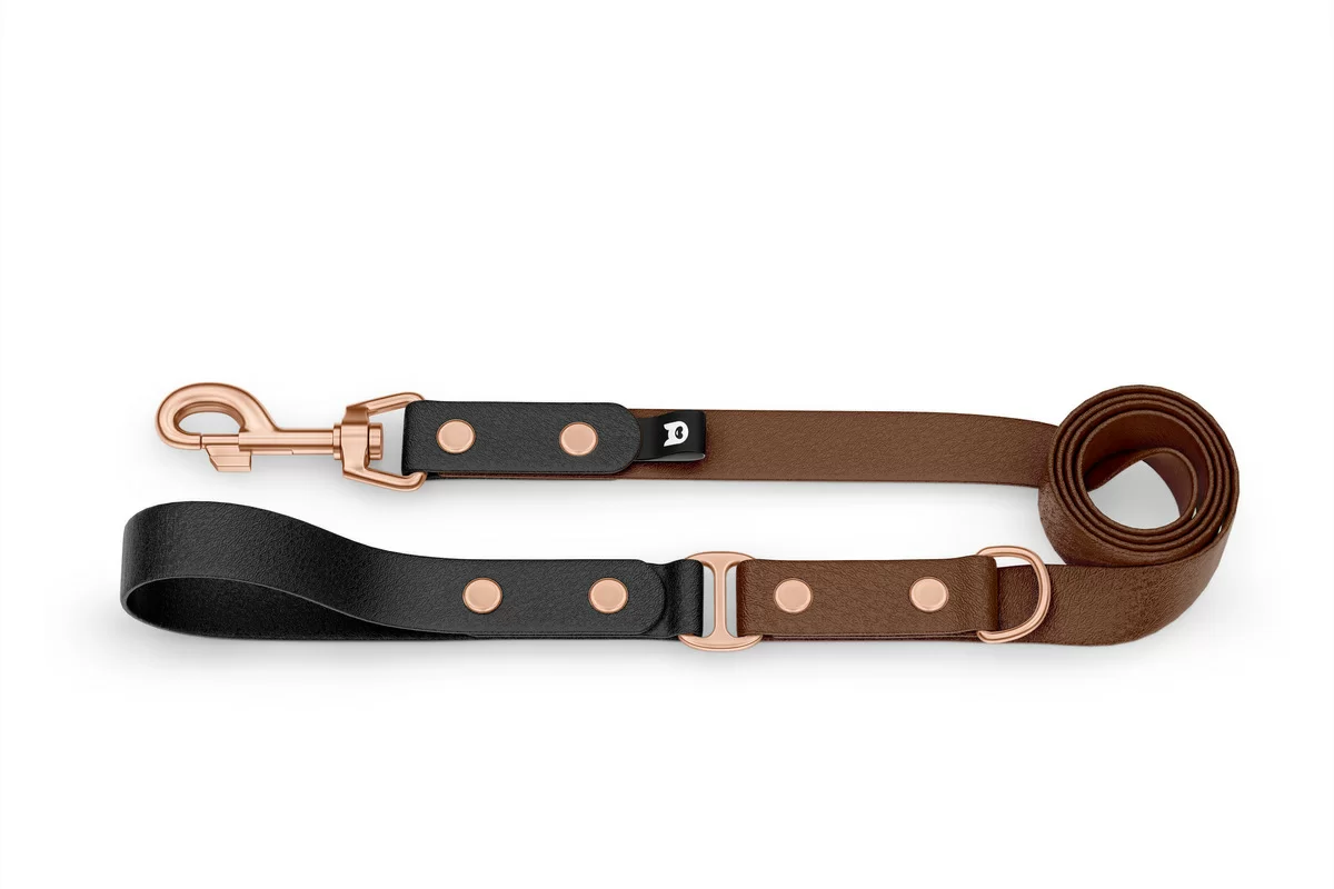 Duo-Leine für Hunde: Schwarz & Dunkelbraun mit Komponenten aus Rosegold