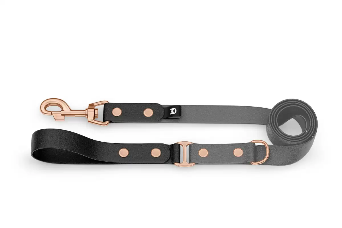 Duo-Leine für Hunde: Schwarz & Grau mit Komponenten aus Rosegold