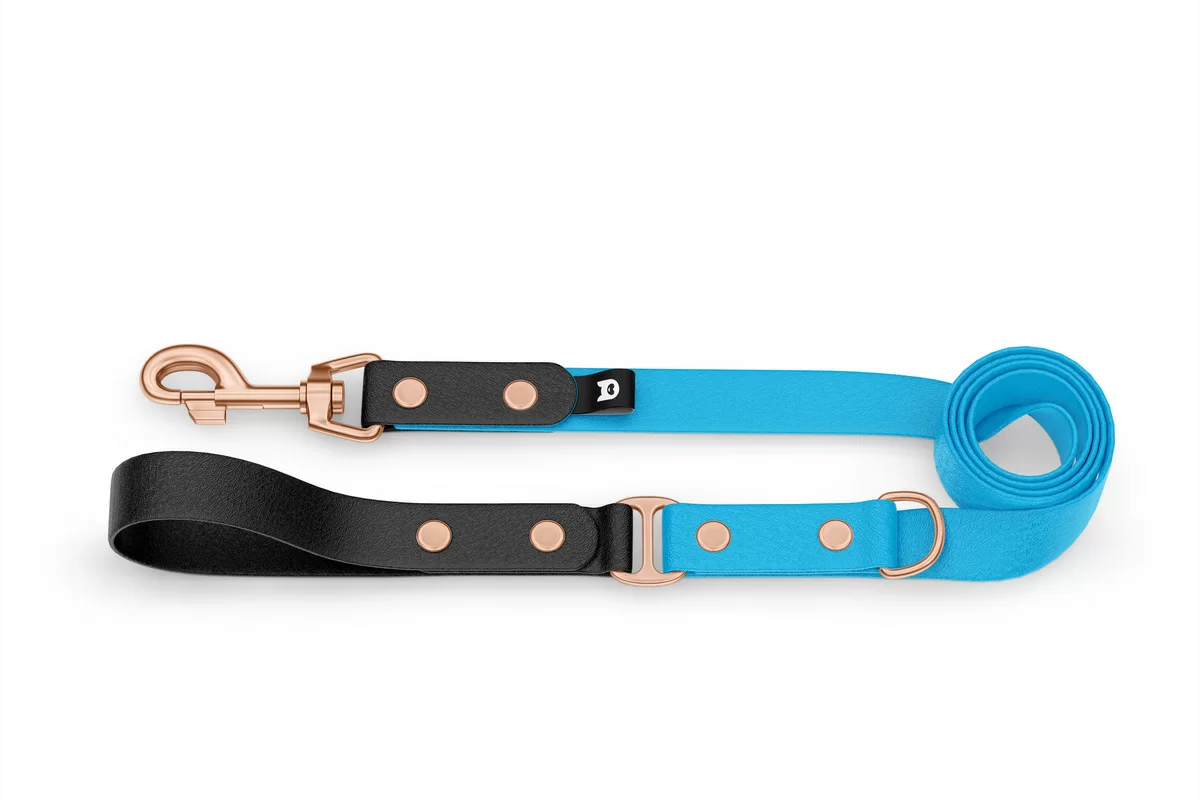 Duo-Leine für Hunde: Schwarz & Hellblau mit Komponenten aus Rosegold