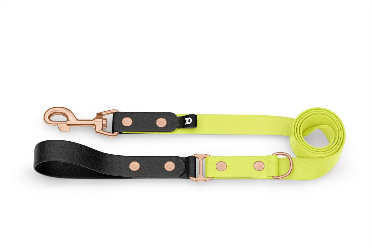 Duo-Leine für Hunde: Schwarz & Neongelb mit Komponenten aus Rosegold