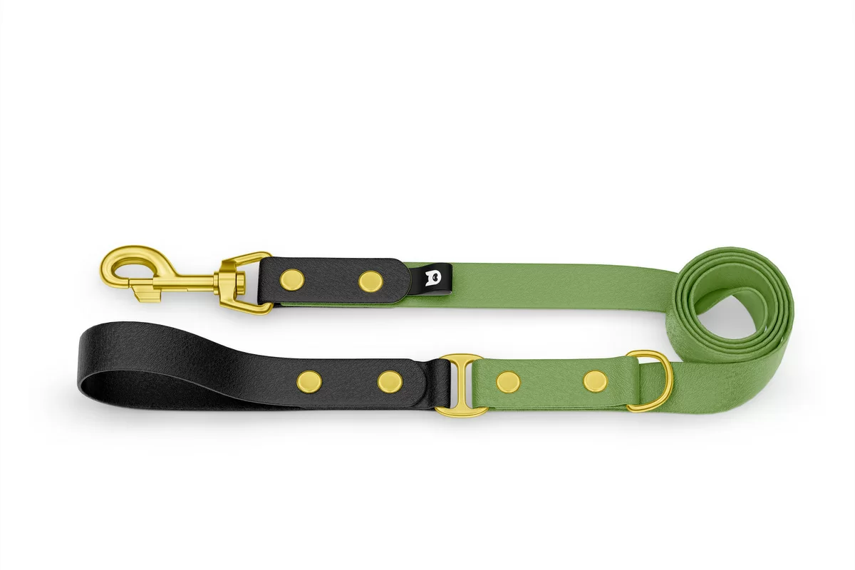 Duo-Leine für Hunde: Schwarz & Oliv mit Komponenten aus Gold