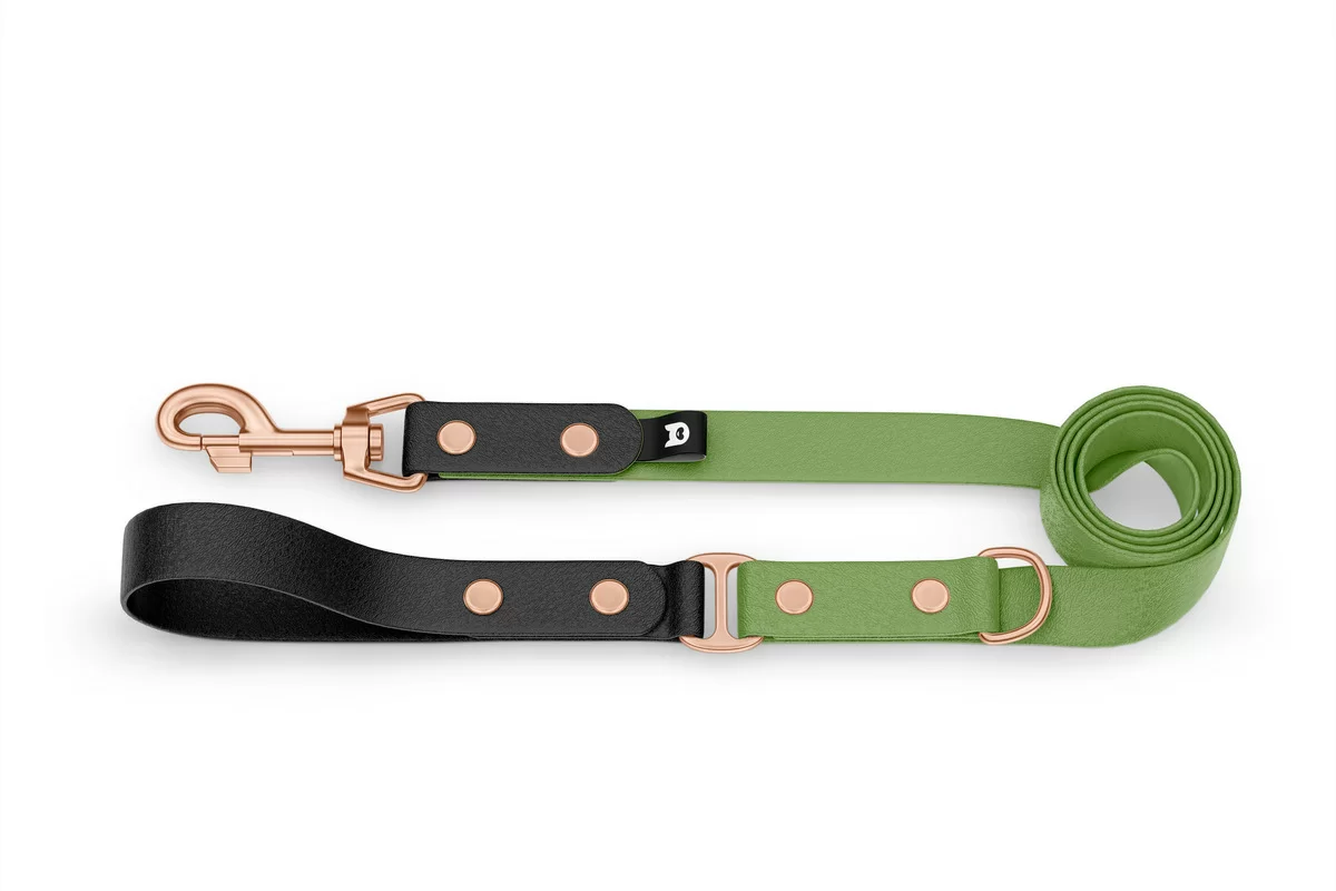 Duo-Leine für Hunde: Schwarz & Oliv mit Komponenten aus Rosegold
