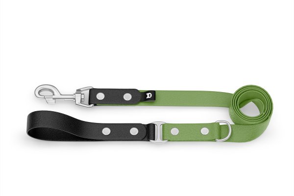 Duo-Leine für Hunde: Schwarz & Oliv mit Komponenten aus Silber