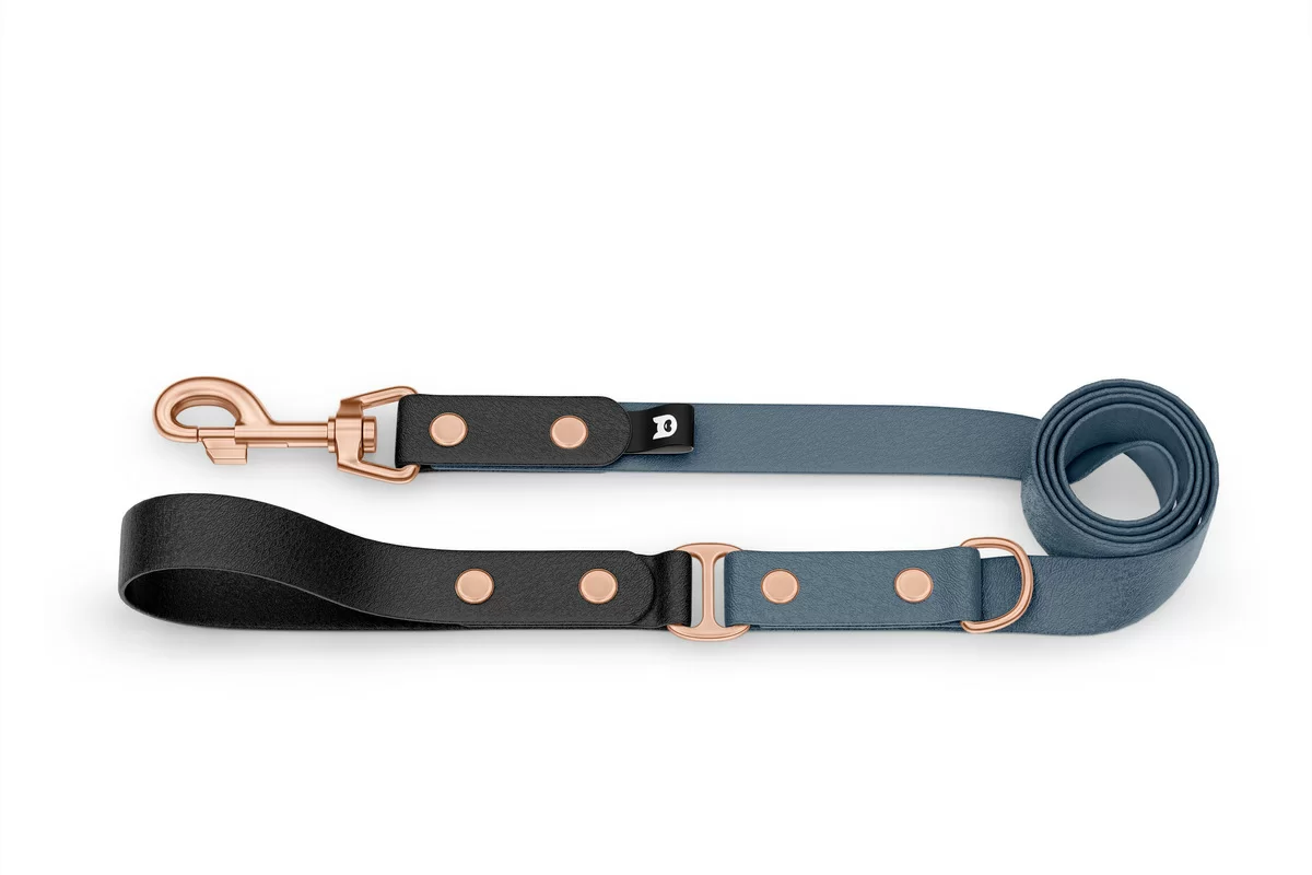 Duo-Leine für Hunde: Schwarz & Petrol mit Komponenten aus Rosegold