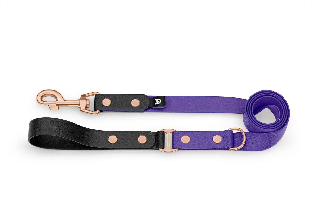 Duo-Leine für Hunde: Schwarz & Violett mit Komponenten aus Rosegold