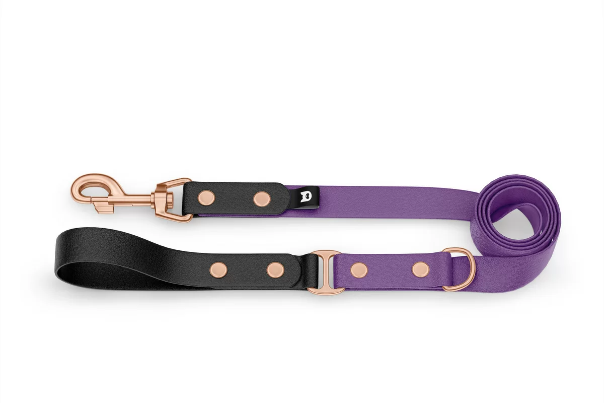 Duo-Leine für Hunde: Schwarz & Purpur mit Komponenten aus Rosegold