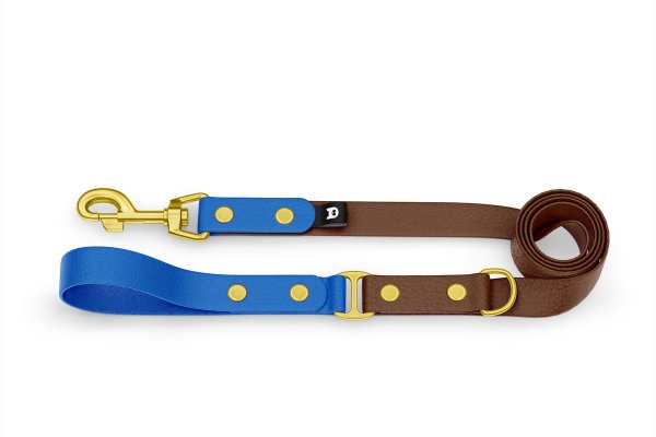 Duo-Leine für Hunde: Blau & Dunkelbraun mit Komponenten aus Gold