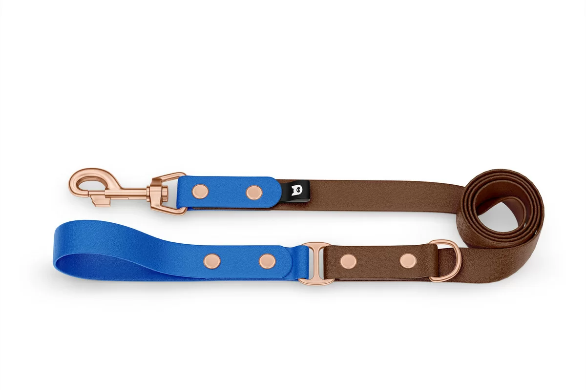 Duo-Leine für Hunde: Blau & Dunkelbraun mit Komponenten aus Rosegold