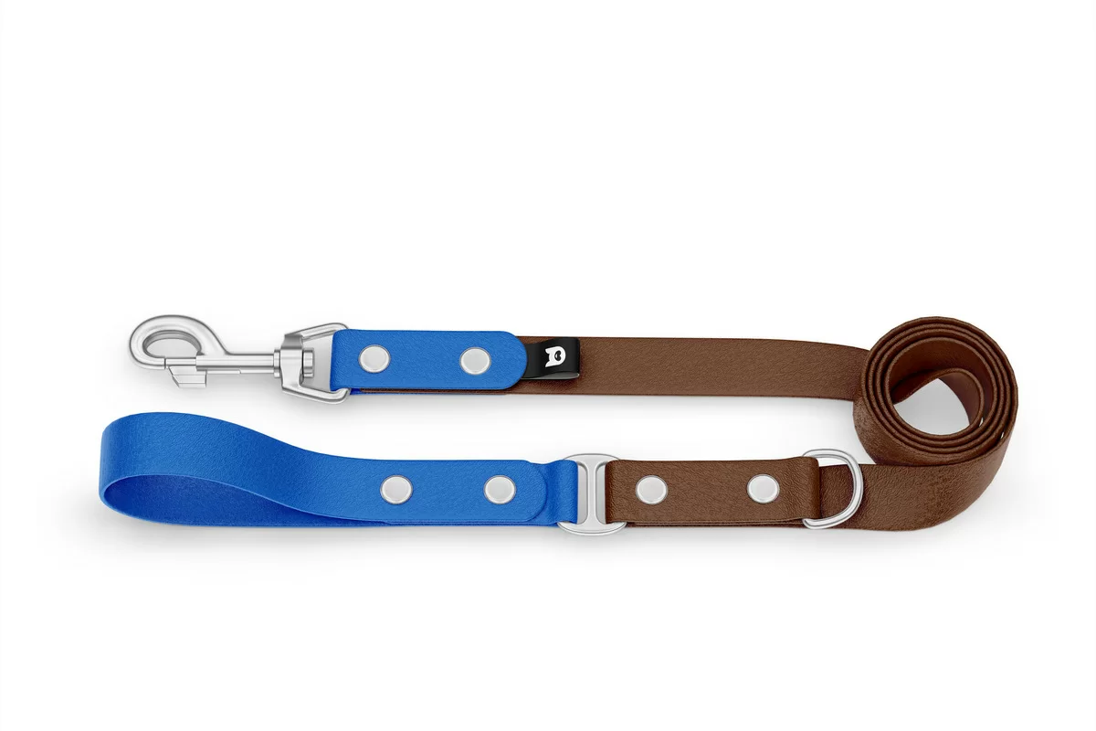 Duo-Leine für Hunde: Blau & Dunkelbraun mit Komponenten aus Silber