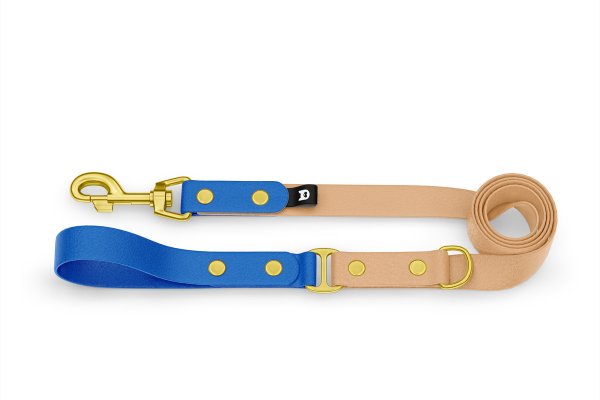 Duo-Leine für Hunde: Blau & Hellbraun mit Komponenten aus Gold