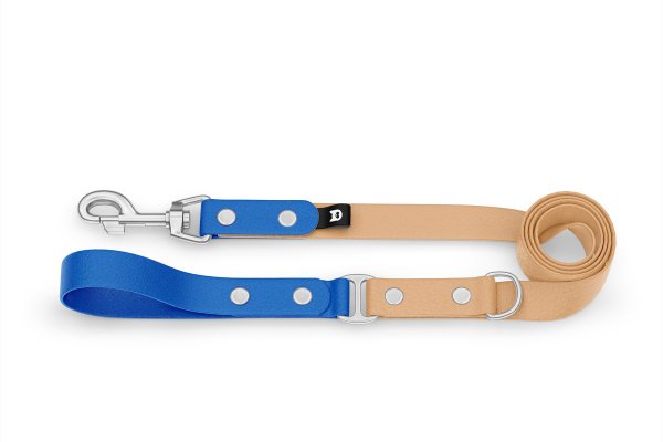 Duo-Leine für Hunde: Blau & Hellbraun mit Komponenten aus Silber