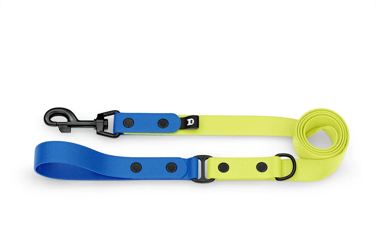 Duo-Leine für Hunde: Blau & Neongelb mit Komponenten aus Schwarz