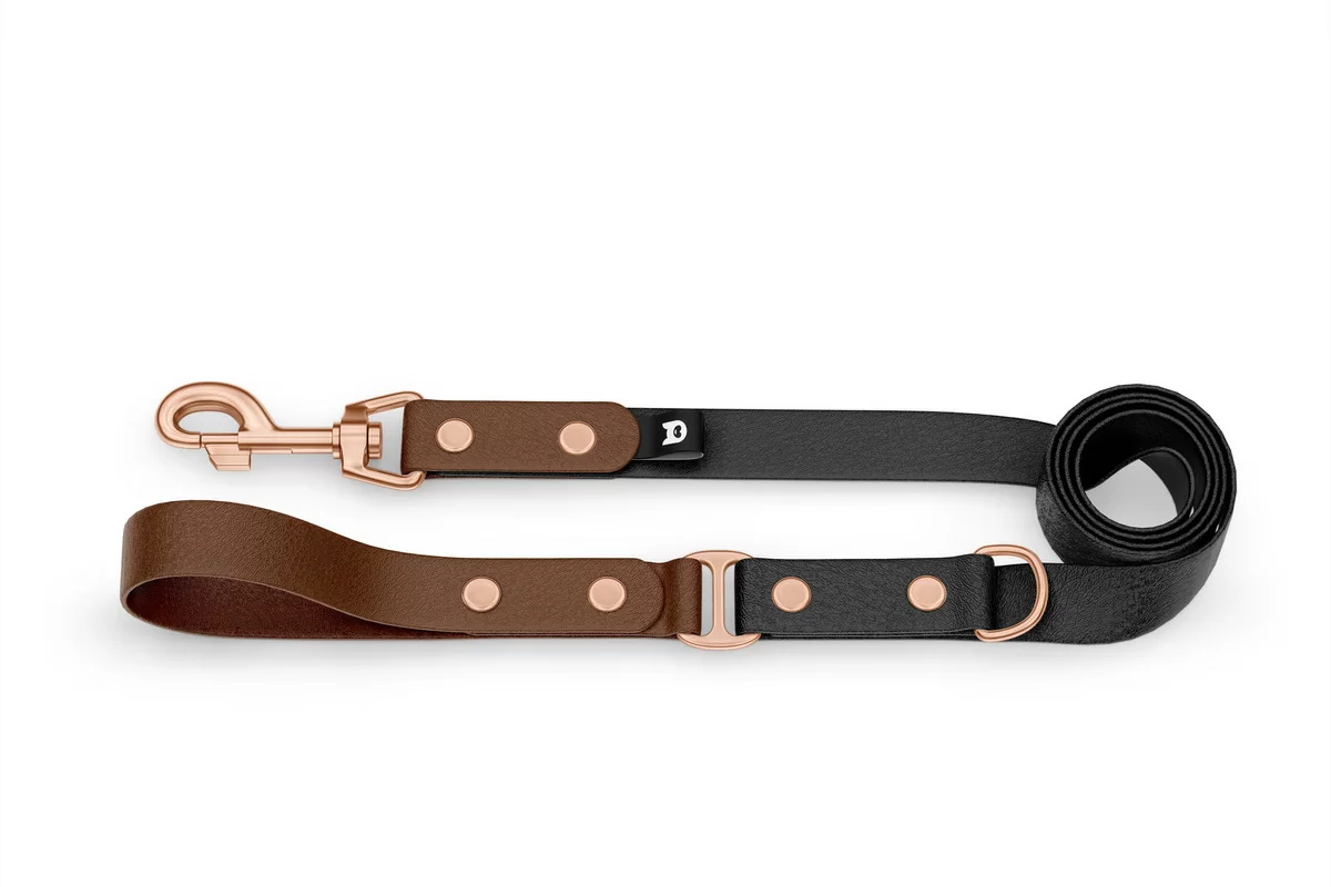 Duo-Leine für Hunde: Dunkelbraun & Schwarz mit Komponenten aus Rosegold