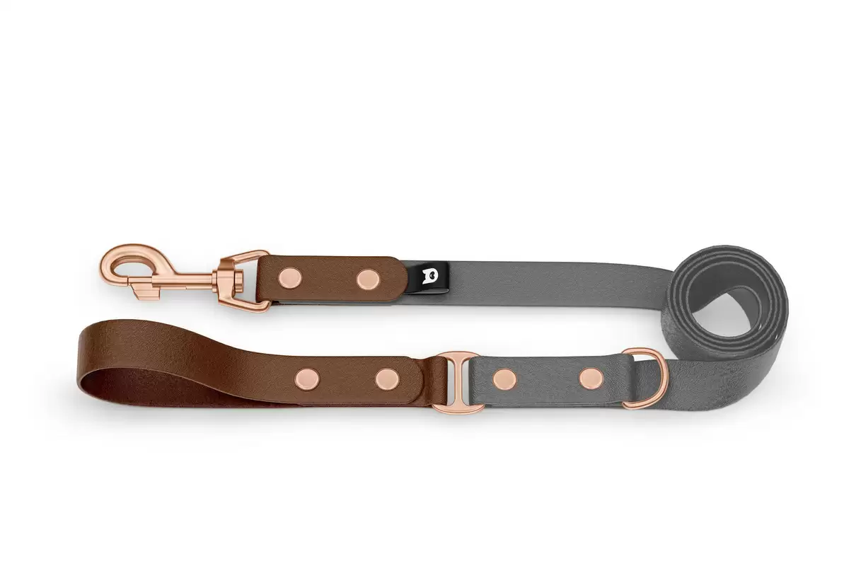 Duo-Leine für Hunde: Dunkelbraun & Grau mit Komponenten aus Rosegold